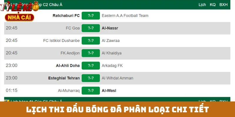 Lịch thi đấu bóng đá phân loại chi tiết