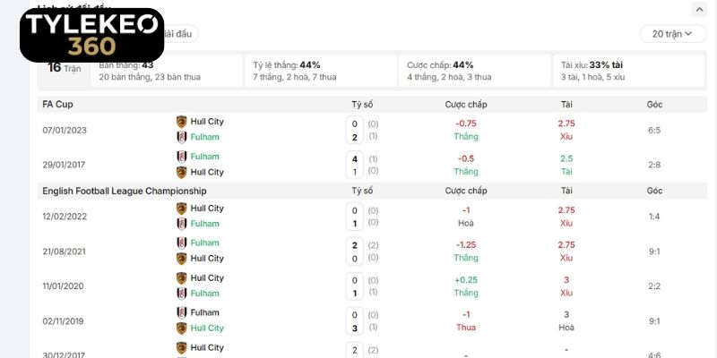 Thống kê lịch sử đối đầu của Fulham vs Hull City